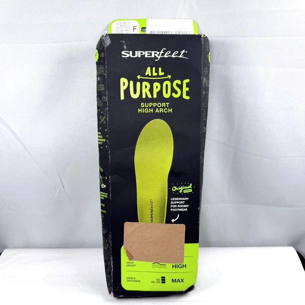 Superfeet All-Purpose (Green) Support High Arch Insole Size F / Men's 11.5 - 13